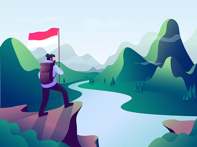 Happy 74th Independence Day Indonesia character design flag freedom gradient green illustration independence independence day indonesian landing design man mountain sky strong vector web