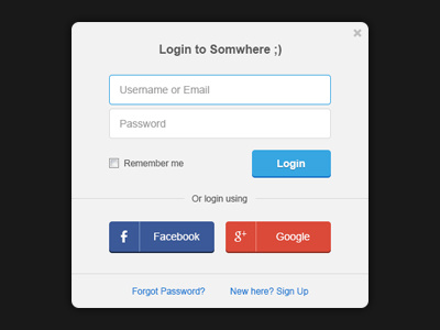 Log in to Somewhere ;) button call to action facebook facebook login form google google login login login form login modal modal password username