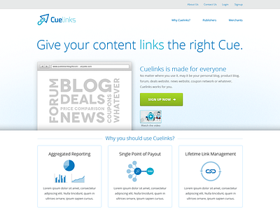 Cuelinks Landing Page Full call to action calltoaction cuelinks footer headline interface landing microsite navigation open sans page sign up signup slider tabs tagline uidesign webpage website