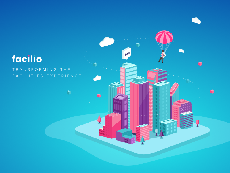 Facilio Launch Blog Illustration futureofbuildings facilitiesmanagement iot smartbuildings isometric illustration launchblog launch facilio
