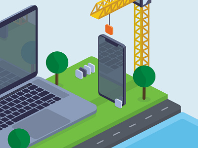 Isometric Illustration - Reinforcements apps building grass illustration iphone isometric macbook street tech water