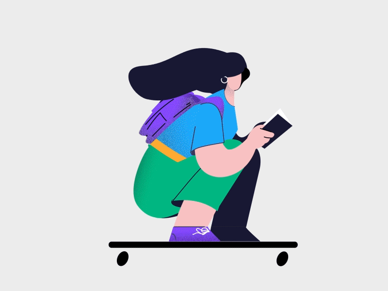 Girl on skateboard reading book adobe aftereffect animator bag branding dribbble girl illustration illustrator loop motion motiongraphics skateboard skateboarding skateboards vector