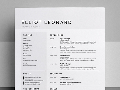 Resume/CV - 'Elliot' curriculum vitae cv design employment job portfolio professional resume template