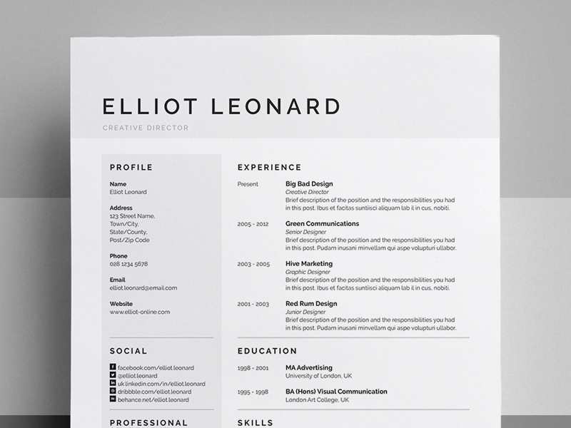 Resume/CV - 'Elliot' by Bill Mawhinney on Dribbble