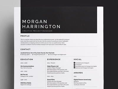 Resume/CV - 'Morgan' curriculum vitae cv design employment job portfolio professional resume template