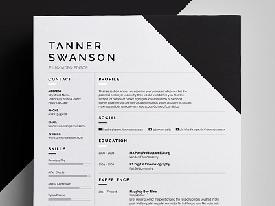 Resume/CV - 'Tanner' curriculum vitae cv design employment job portfolio professional resume template