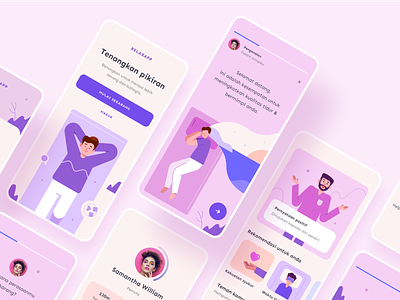 Relax Mobile Design Exploration app card clean color design dream flat illustration layout people pink purple relaxation simple sleep ui ux vector