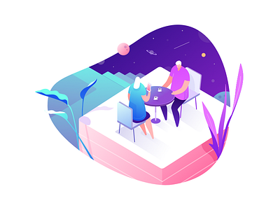 Take it easy, let's get coffee.. chillin coffee colorful couple gradient illustration isometric planet plant space stars vector