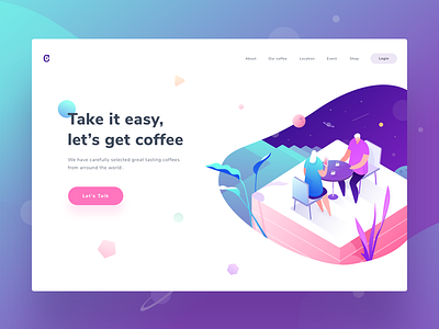 Header exploration chillin coffee colorful gradient header homepage illustration isometric ui vector web