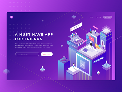 Landing Page Exploration app building cinema color communication design desktop gradient illustration landing office page people purple restaurant ui ux design vector