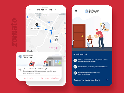 Contactless deliveries by Zomato aesthetic coronavirus covid19 delivery delivery app delivery service design designer dribbble figma india ui uidesign uiux user experience user interface zomato