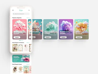 An online invitations & cards app 3d ai app b2c branding business app caractor cards cloud design graphic design invitation midjourny openai pink produvt ui ux