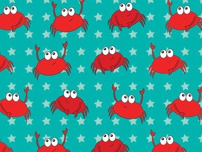 Cute Crabs with stars on Teal beach bold boy bright crab cute girl hand drawn kawaii red repeat sand castle sand dollar seamless stars summer sunglasses texture unique vector