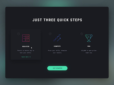 Get Started green hover icons light neon shadow steps ui