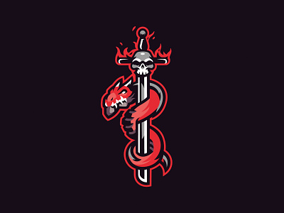 dragon + sword mascot logo aggressive branding design fire illustration logo mascot skull vector