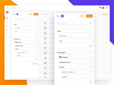 Dynamic Filters app clean crm filters list modal social media ui