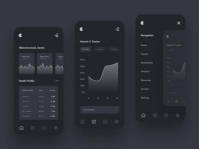 Ghost Vitamin Tracker 👻💊 app design black white black and white charts clean dark dark app dark mode dark ui graphs health health app minimal mobile mobile app mobile app design mobile design mobile ui supplements vitamins