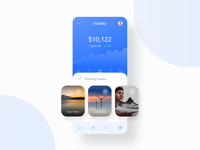Investful App Screen Exploration app design blue clean energy finance graph invest investment labor minimal mobile app mobile app design mobile design mobile ui water