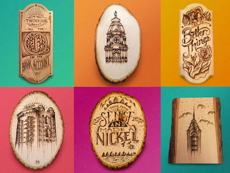 Woodburning! pyrography typography architecture philadelphia drake divine lorraine city hall