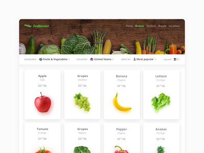 Foodiscover - Browse Grid browse card ecommerce food groceries interface ui userinterface ux web webdesign