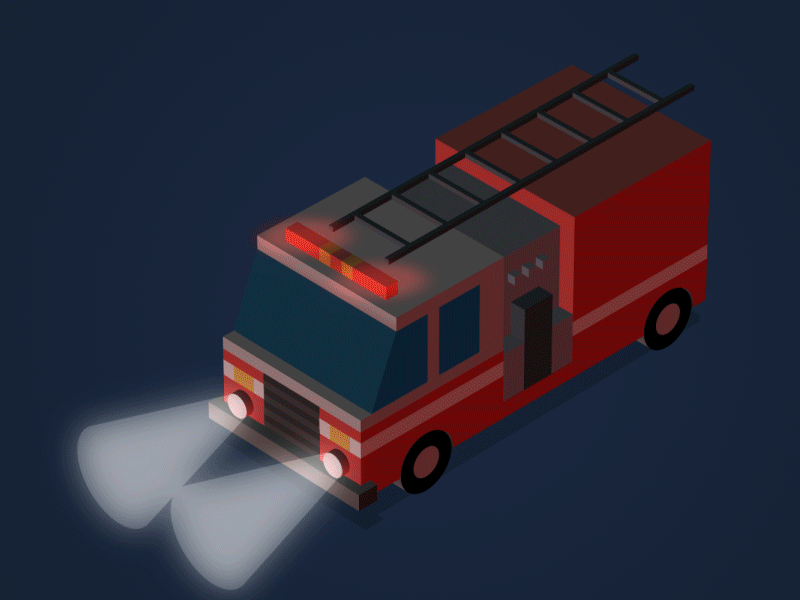 Isometric Fire Truck 2d animation fighter fire lights loop night road truck
