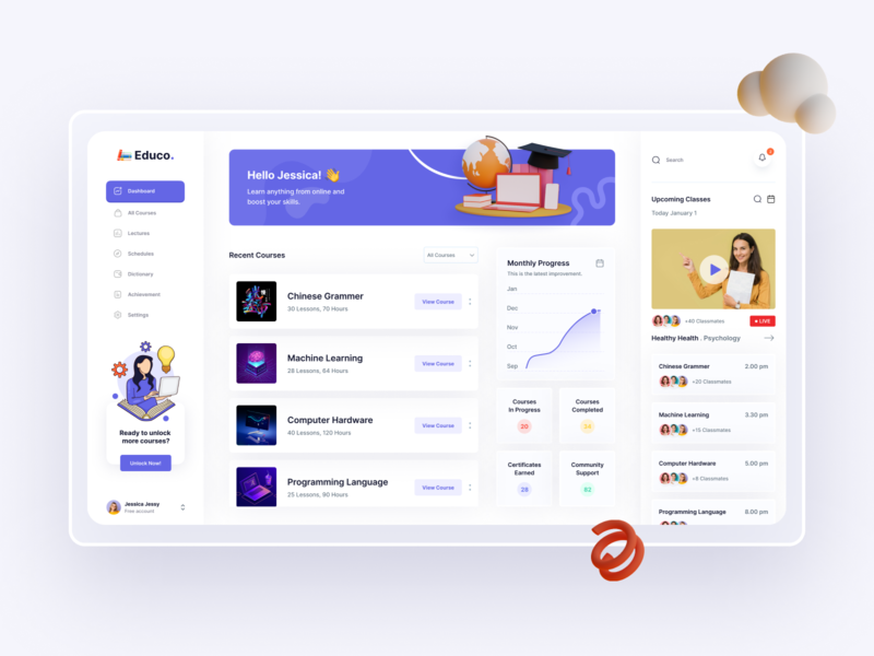 Educo - eLearning Dashboard branding class clean creative dashboard elearning flat illustration learning platform logo minimal online class online course trend 2020 trendy typography ui uidesign ux web