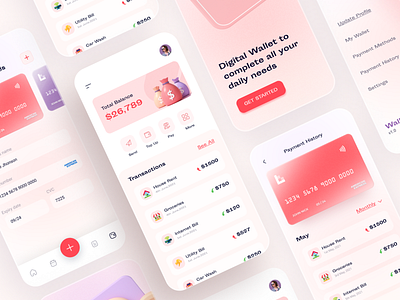 Wallety - Your Digital Wallet 2021 app app ui bank banking app ui card creative finance finance app ui glassmorphism minimal mobile app pastel color trendy typography ui ux visa card wallet wallet app ui