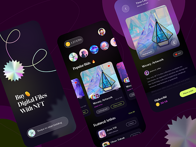 NFT Marketplace Mobile App UI app banking bitcoin blockchain creative crypto design glassmorphism interface minimal mobile app navigation nft nft app ui nft marketplace payment typography ui ux wallet