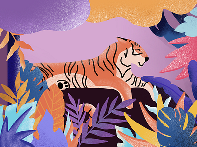 TIGER IN COLORFUL JUNGLE bright colors colorful art ideal design illustration tiger tiger illustration