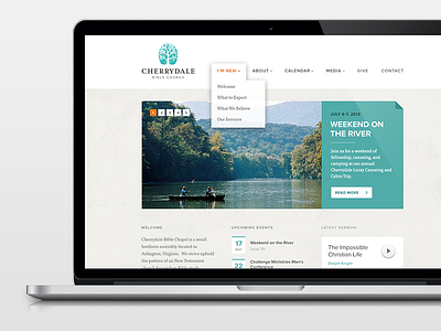 Cherrydale Bible Church Website calendar cherrydale church dropdown logo macbook pro menu nav photo retina slideshow teal tree ui ux website
