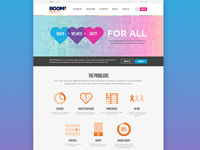 BOOM!Health Home Page v2 collage colorful donate health heart infographics landing landing page rainbow website