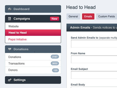 Menu admin campaigns dashboard donations menu settings ui