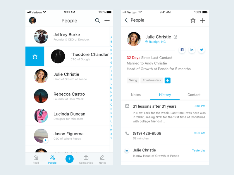 Relationship Manager ui ux mobile app feed companies people contacts profile relationships crm