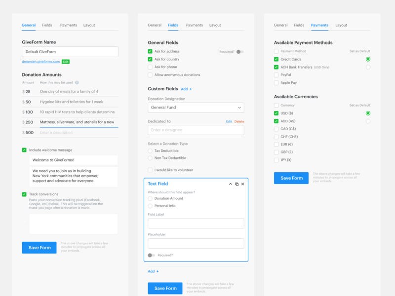Updated GiveForms Sidebar button checkbox form form editor form field form fields icons menu radio button radio buttons sidebar sidebar menu tabs text field toggle toggle switch toggles ui ux web app