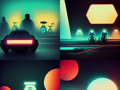 Robots, space, neon lights, and aliens on Midjourney design