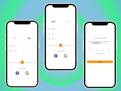 Login, Signup and Number Verification app design icon ios ui ux