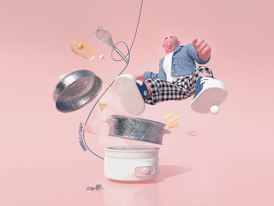Mess in the Kitchen c4d character character design cinema 4d explosion fabric food kitchen marvelous designer mess pot steamer whisk