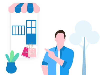 sales business illustrator men pointing sale shop shopping bag tree