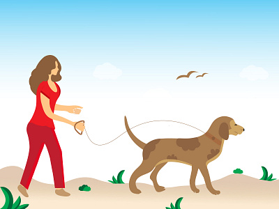 Woman Walking Dog birds colour design dog grass illustration nature vector women