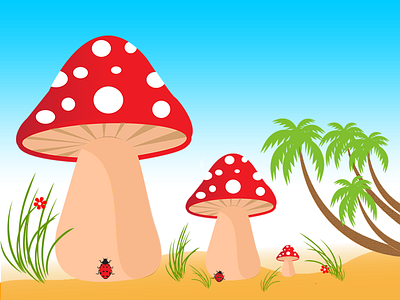 Mushrooms background cocunut tress design flower grass mushrooms sand small plants tree vector