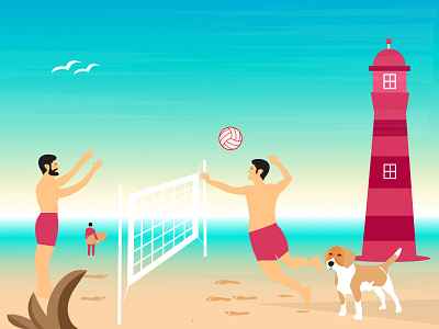 Beach volley background ball beach birds clouds colour design dog footprint illustration leaf lighthouse match men net sand sea surfing team vector