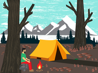 Tent background design design fire illustration men mountain river sky tent tree way yellow