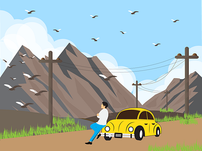 Birds background birds car design grass illust illustration men road rocks vector view yellow