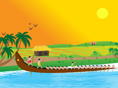 Village background birds boat race design grass illustration men paddy river sky vector