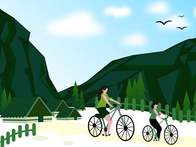 Resort background cycle design illustration mountain vector women