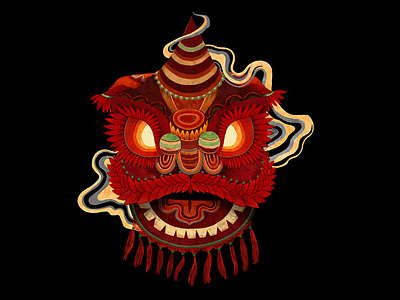 Đầu lân - The Lion Dance Head art asian autumn buitam childhood dance drawing festival illustration lion love memory mid red red and black redacted tradicional typography vietnamese work