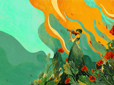 Art work for "The violin for the Ave Maria" KAGAWA YOSHIKO asian book bookcover buitam coloful colour and lines colour collective colour palette colour picker cover design drawing dribbble illustration line art love memory red violin women