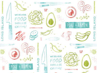 Poke + Ramen Pattern brand pattern branding branding agency handdrawn long island longitude nyc packaging pattern restaurant restaurant branding typography watercolor