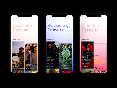 Festival app concept app awakenings coachella feed festival festivals gradients hiphop incentro industrial interface mobile news newsfeed social techo ui