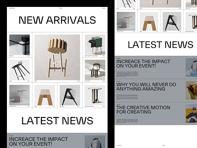 Furniture shop chair design exploration furniture grid homepage incentro latest news layout minimal new arrivals news overview squares stool ui ux webdesign